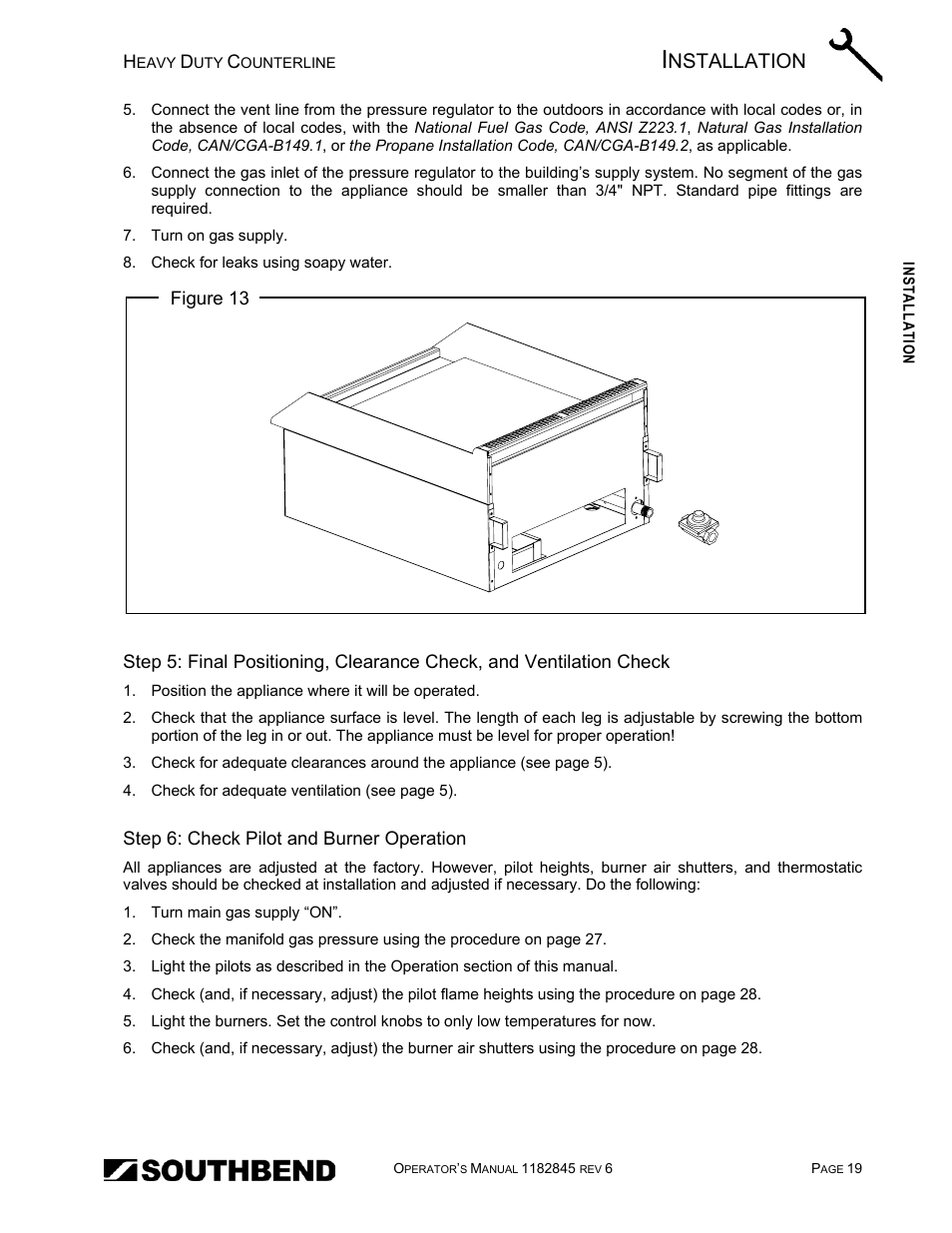 Step 6: check pilot and burner operation, Nstallation | Southbend HDG-60E User Manual | Page 19 / 48