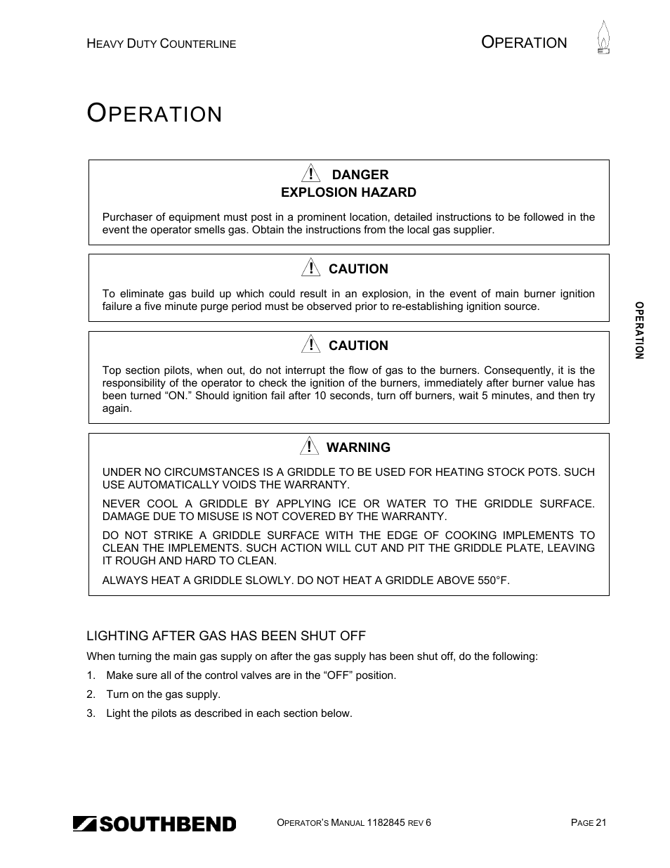 Operation, Lighting after gas has been shut off, Peration | Southbend HDG-60E User Manual | Page 21 / 48