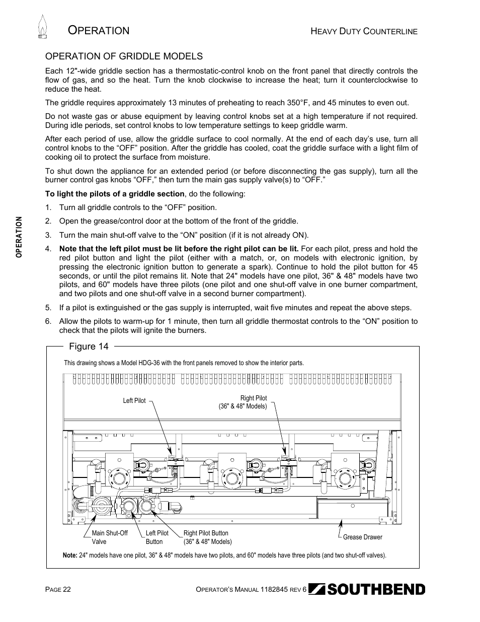 Operation of griddle models, Peration | Southbend HDG-60E User Manual | Page 22 / 48