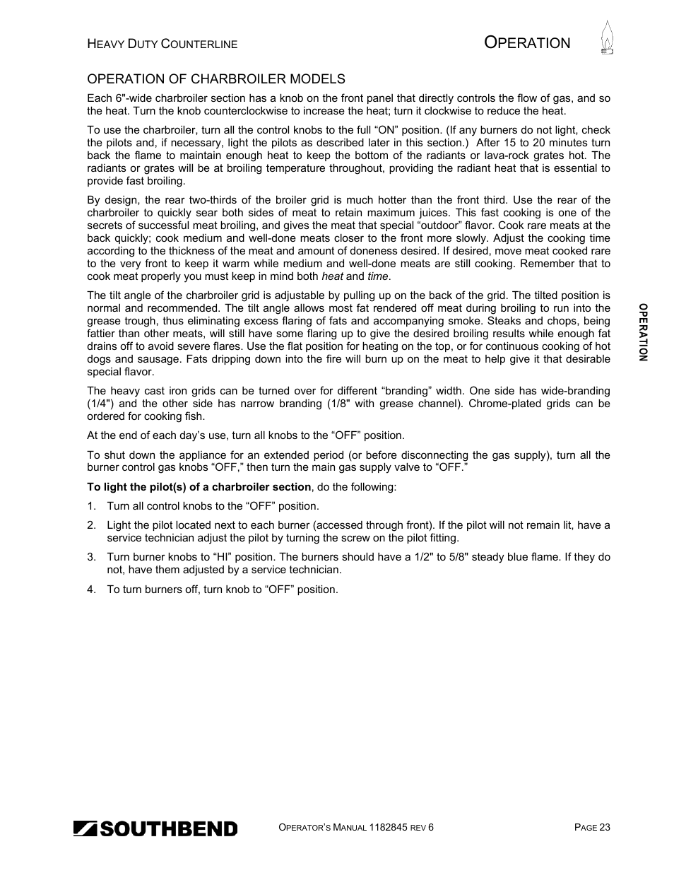 Operation of charbroiler models, Peration | Southbend HDG-60E User Manual | Page 23 / 48