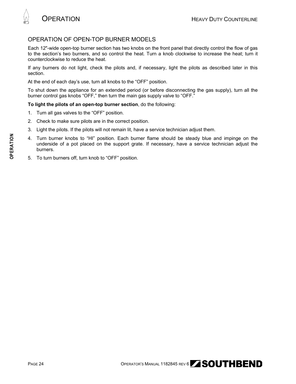 Operation of open-top burner models, Peration | Southbend HDG-60E User Manual | Page 24 / 48