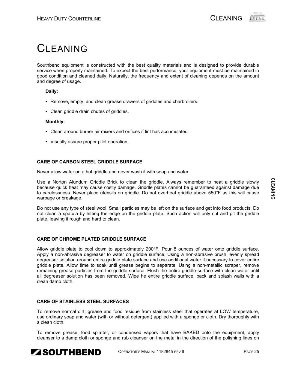 Cleaning, Care of carbon steel griddle surface, Care of stainless steel surfaces | Leaning | Southbend HDG-60E User Manual | Page 25 / 48