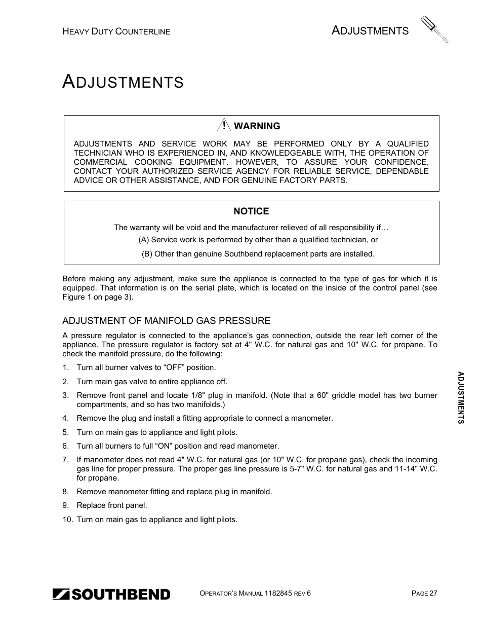 Adjustments, Adjustment of manifold gas pressure, E 27 | Djustments | Southbend HDG-60E User Manual | Page 27 / 48