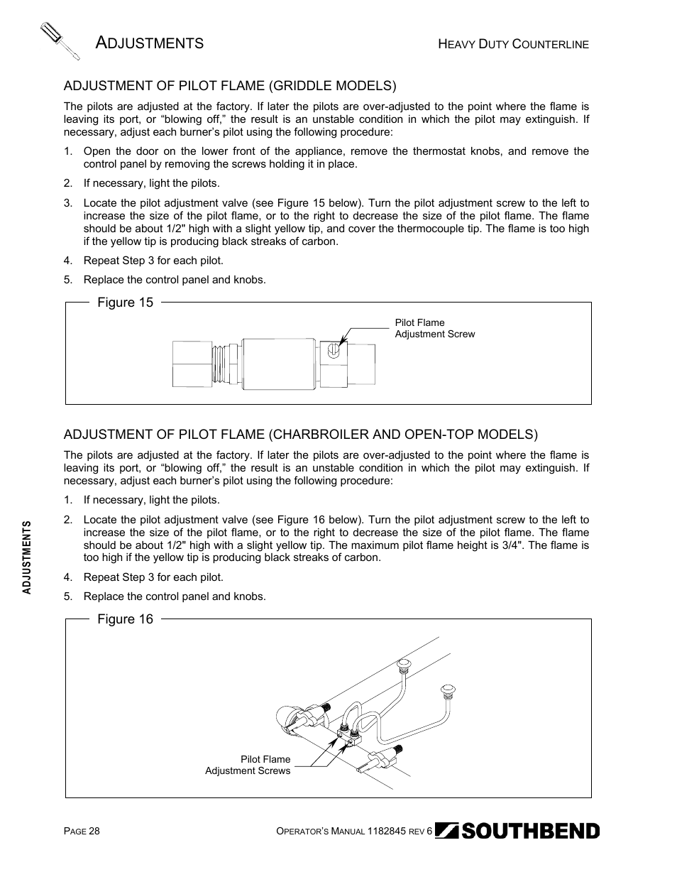 Adjustment of pilot flame (griddle models), Djustments | Southbend HDG-60E User Manual | Page 28 / 48