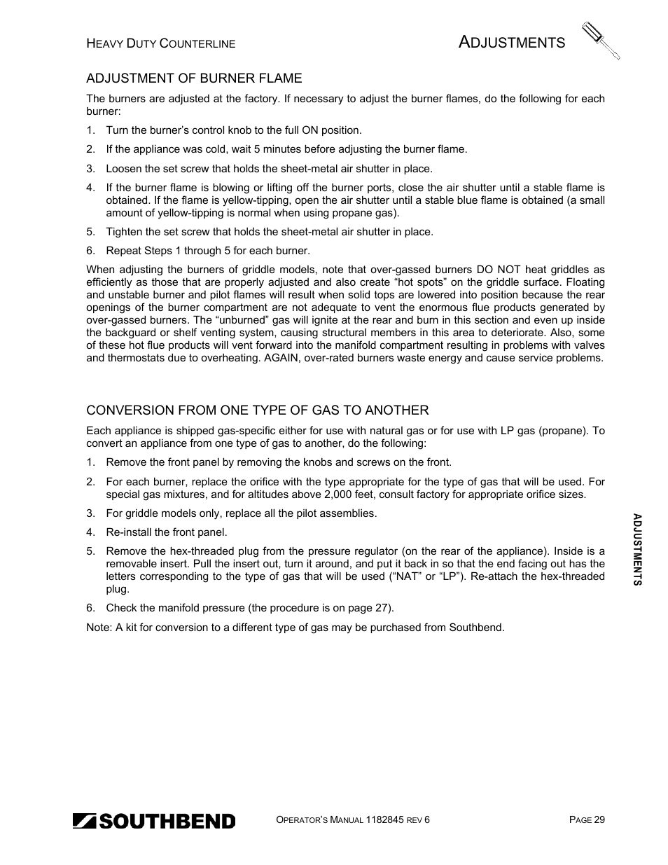 Adjustment of burner flame, Conversion from one type of gas to another, Djustments | Southbend HDG-60E User Manual | Page 29 / 48