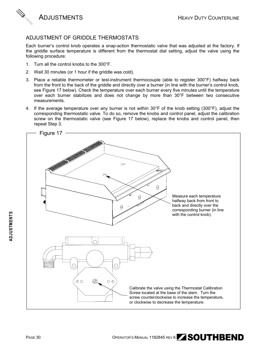 Adjustment of griddle thermostats, Djustments | Southbend HDG-60E User Manual | Page 30 / 48