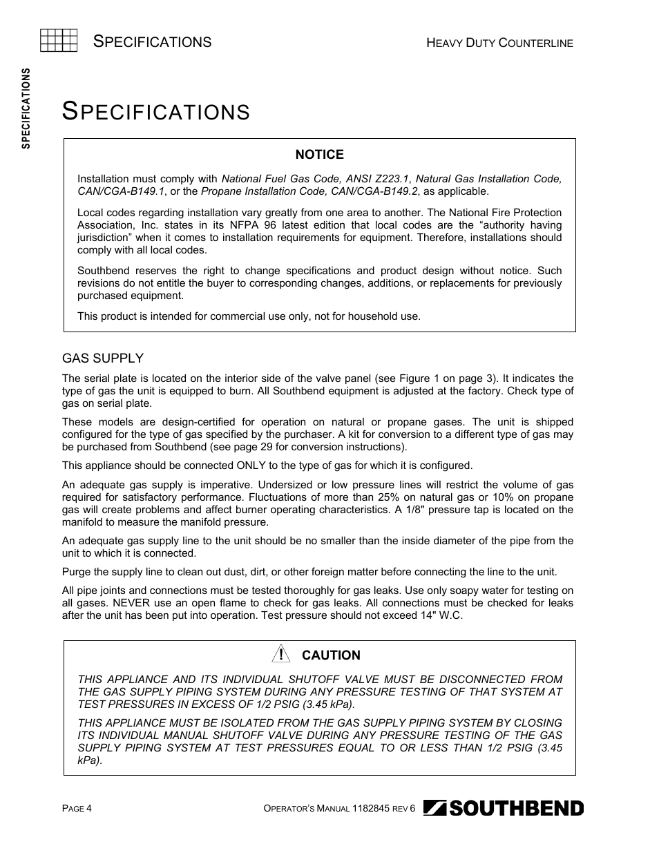 Specifications, Gas supply, Pecifications | Southbend HDG-60E User Manual | Page 4 / 48