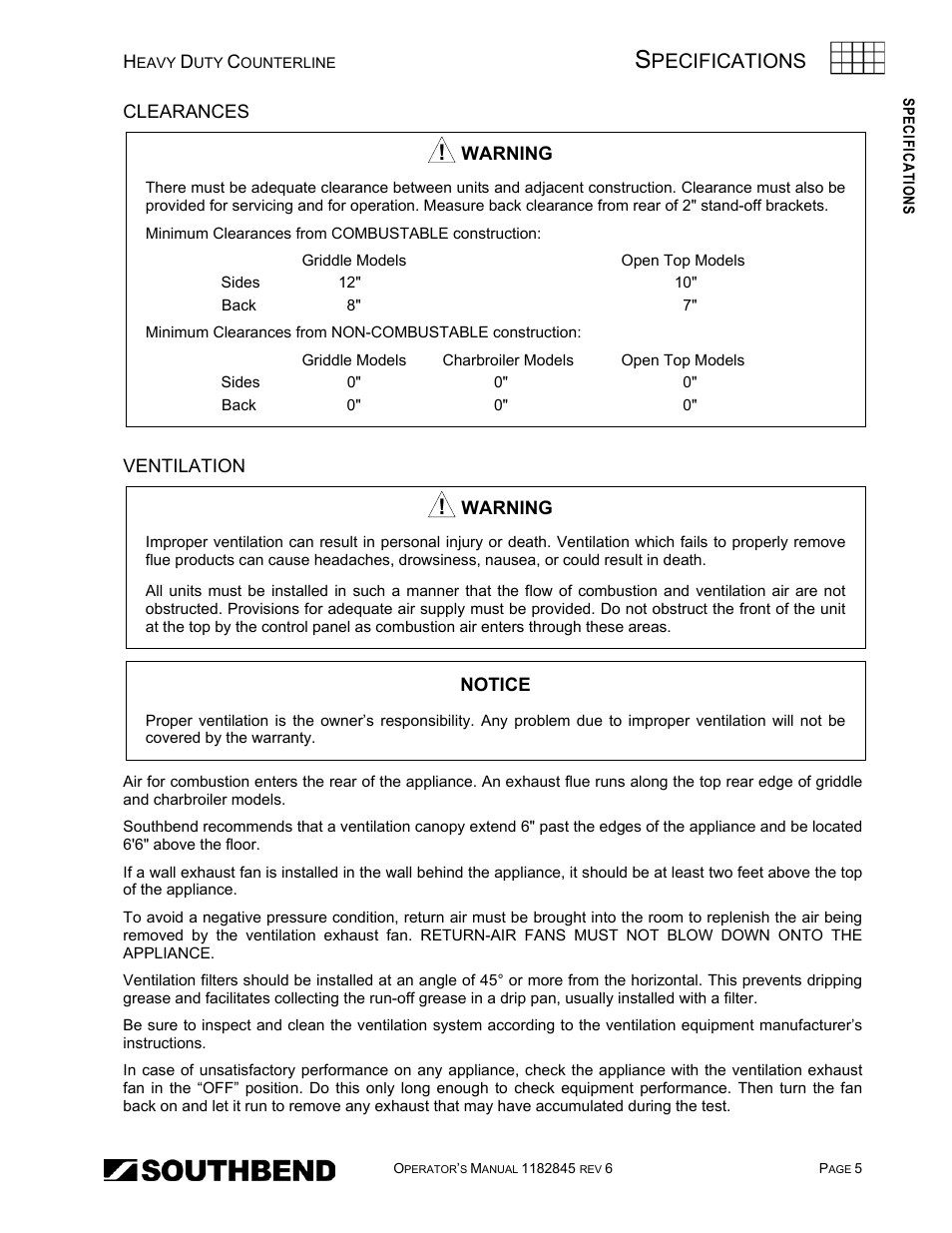 Clearances, Ventilation, Pecifications | Southbend HDG-60E User Manual | Page 5 / 48