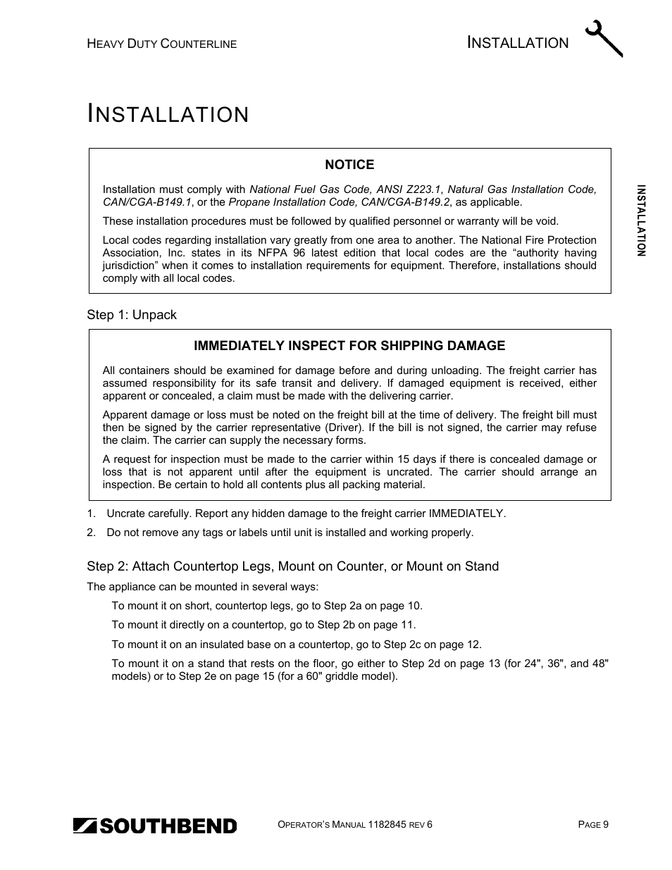 Installation, Step 1: unpack, Nstallation | Southbend HDG-60E User Manual | Page 9 / 48