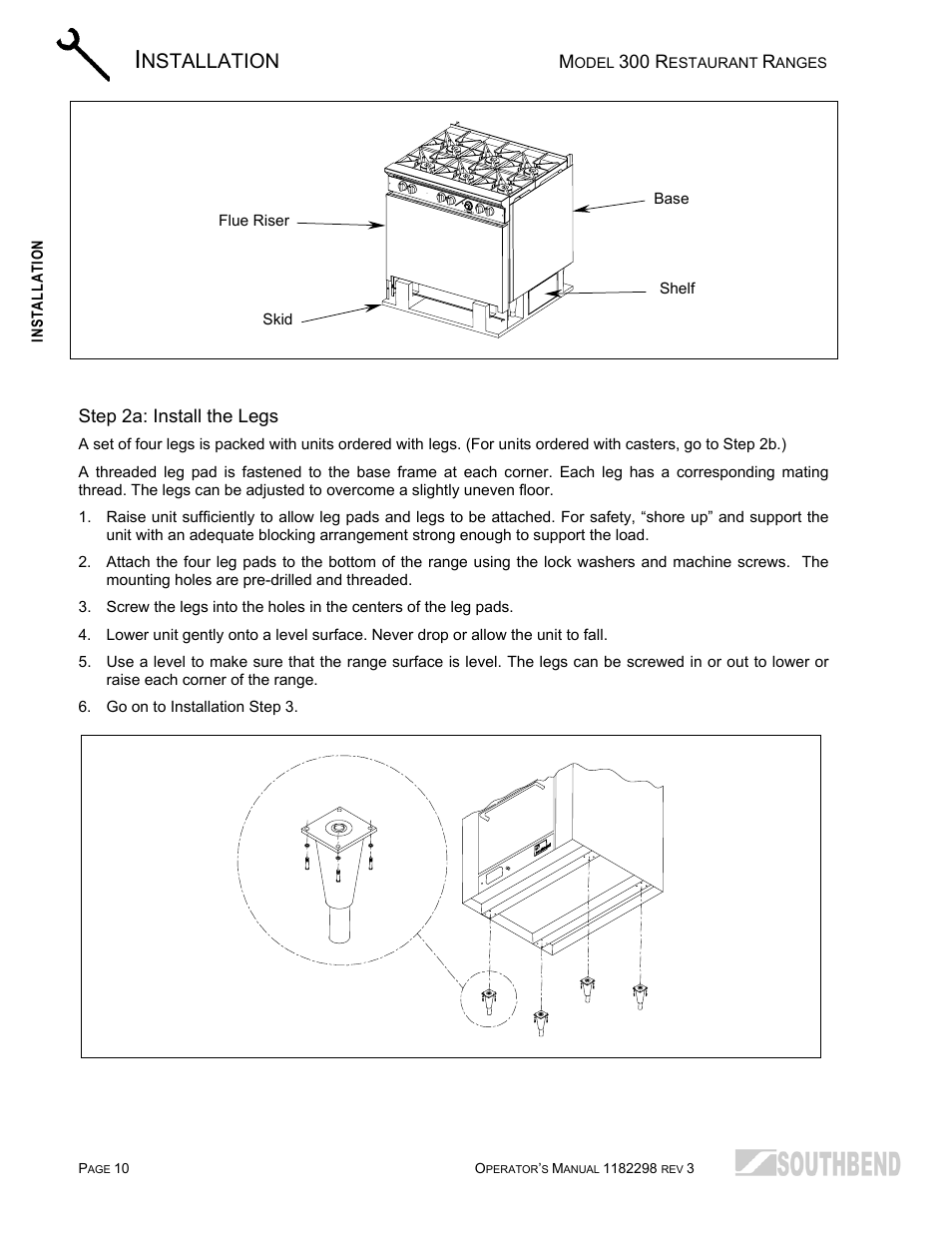 Step 2a: install the legs, Nstallation | Southbend 336D-3T User Manual | Page 10 / 64