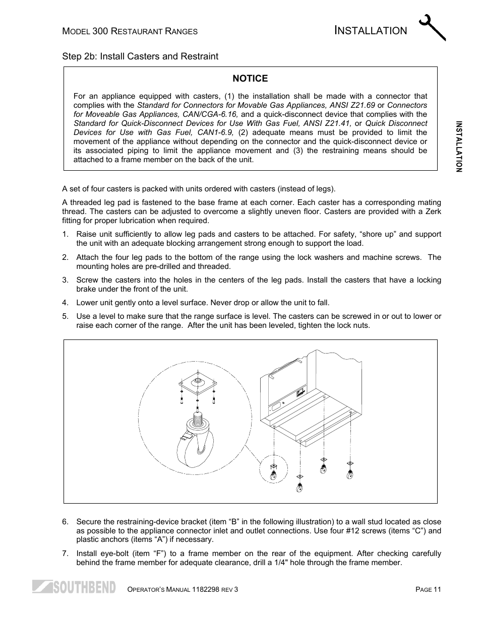 Step 2b: install casters and restraint, Nstallation | Southbend 336D-3T User Manual | Page 11 / 64