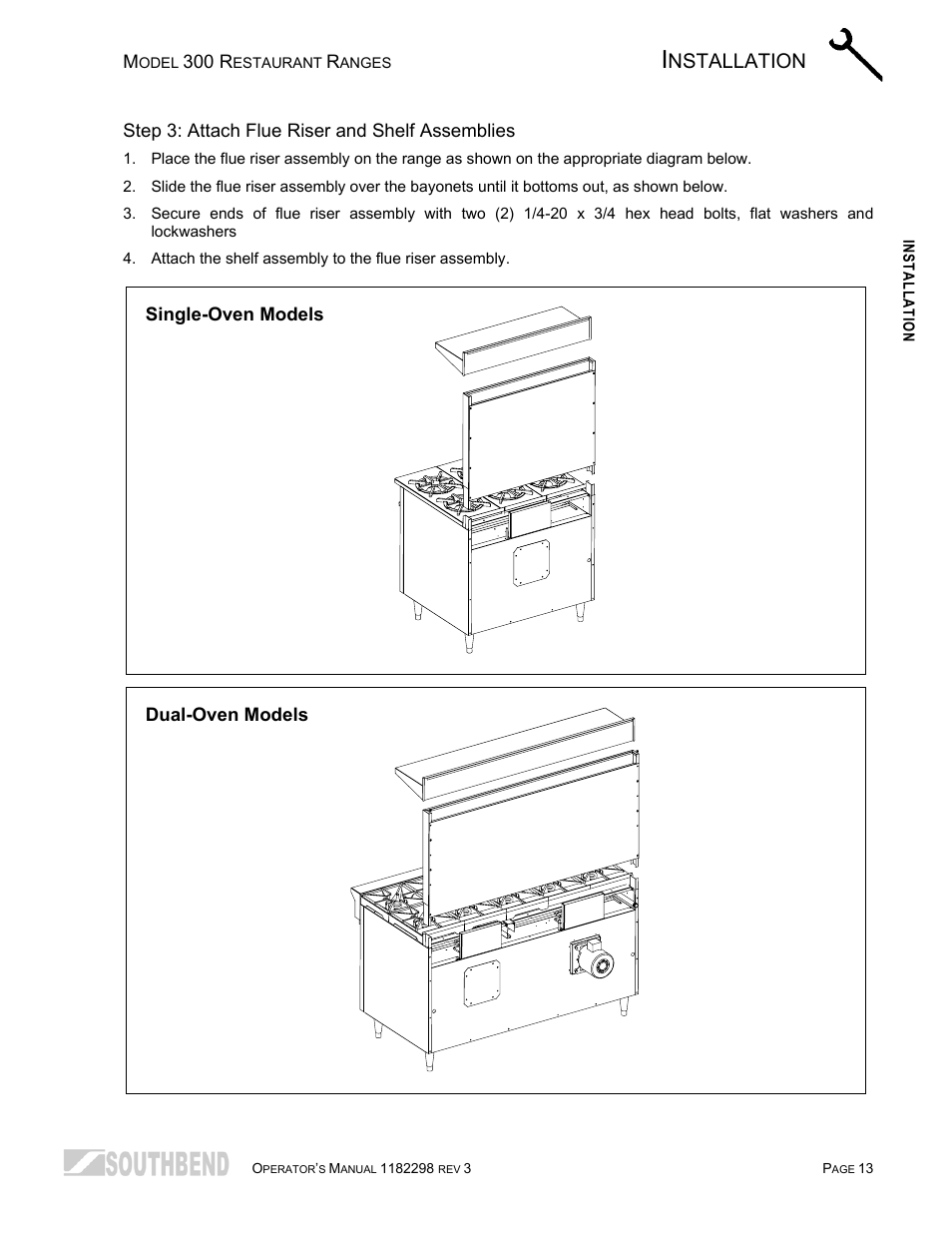 Step 3: attach flue riser and shelf assemblies, Nstallation | Southbend 336D-3T User Manual | Page 13 / 64