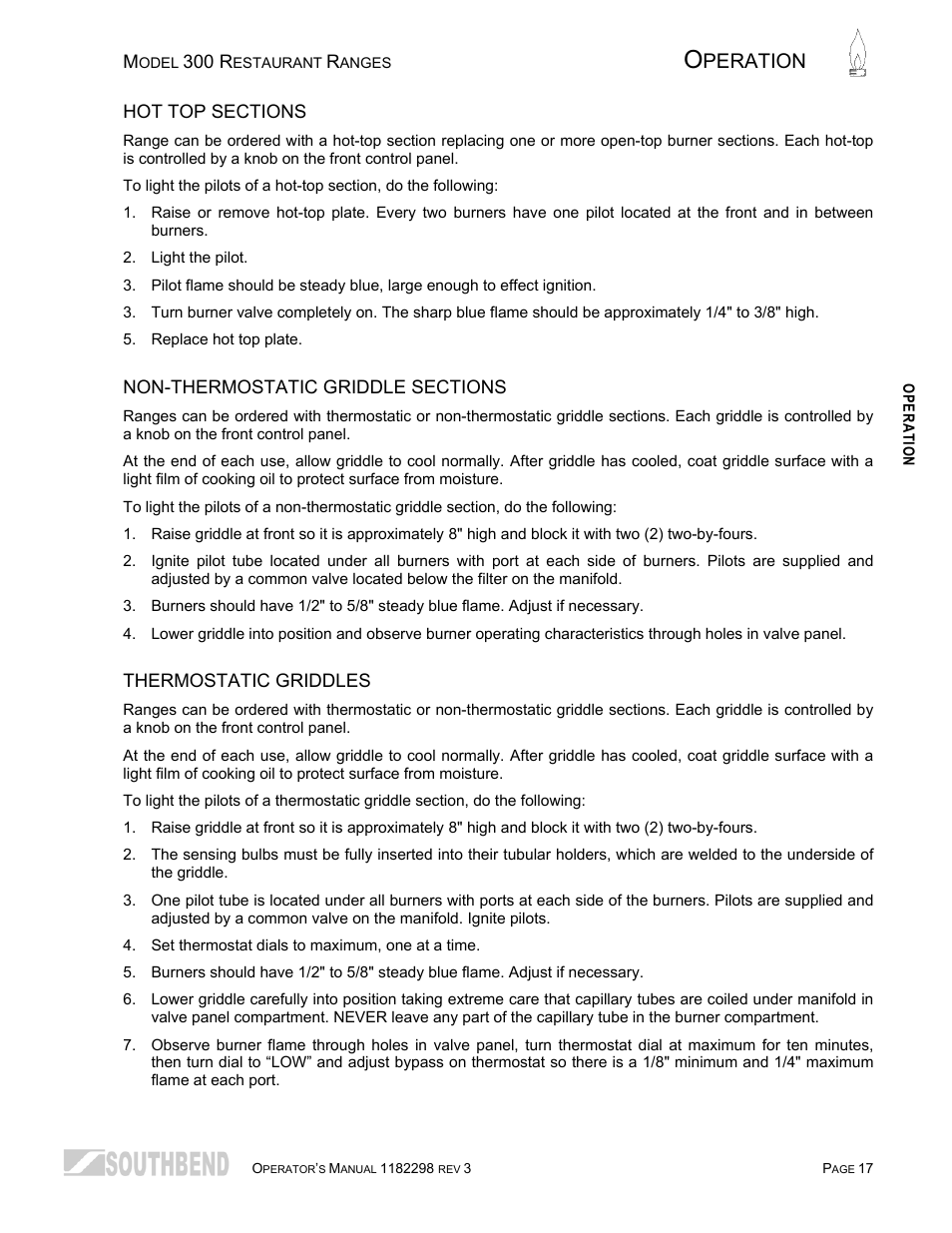 Hot top sections, Non-thermostatic griddle sections, Thermostatic griddles | Peration | Southbend 336D-3T User Manual | Page 17 / 64