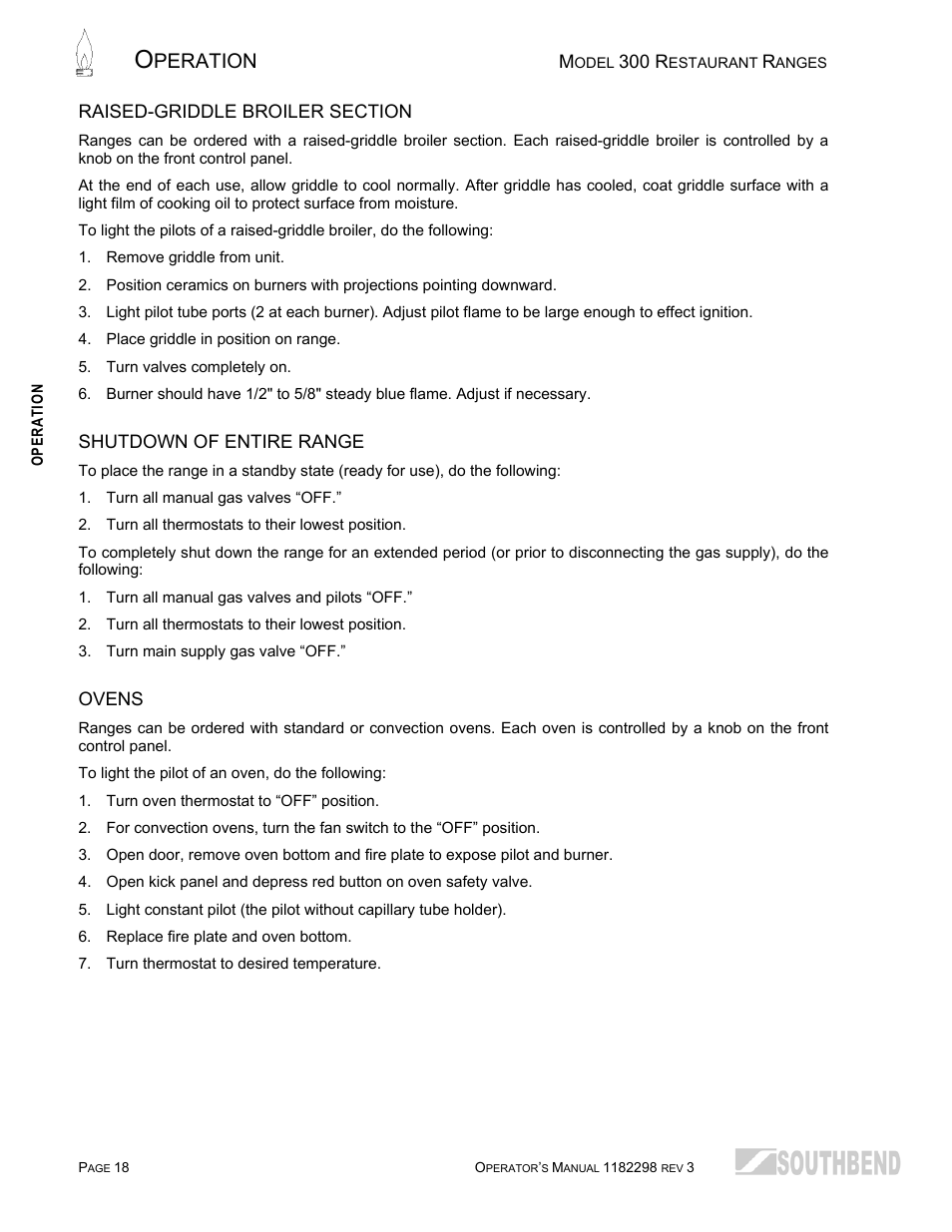 Raised-griddle broiler section, Shutdown of entire range, Ovens | Peration | Southbend 336D-3T User Manual | Page 18 / 64