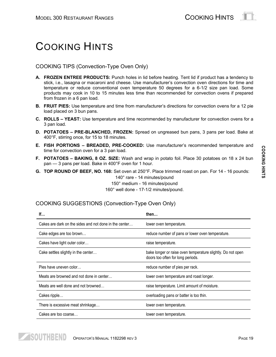 Cooking hints, Cooking tips (convection-type oven only), Cooking suggestions (convection-type oven only) | Ooking, Ints | Southbend 336D-3T User Manual | Page 19 / 64
