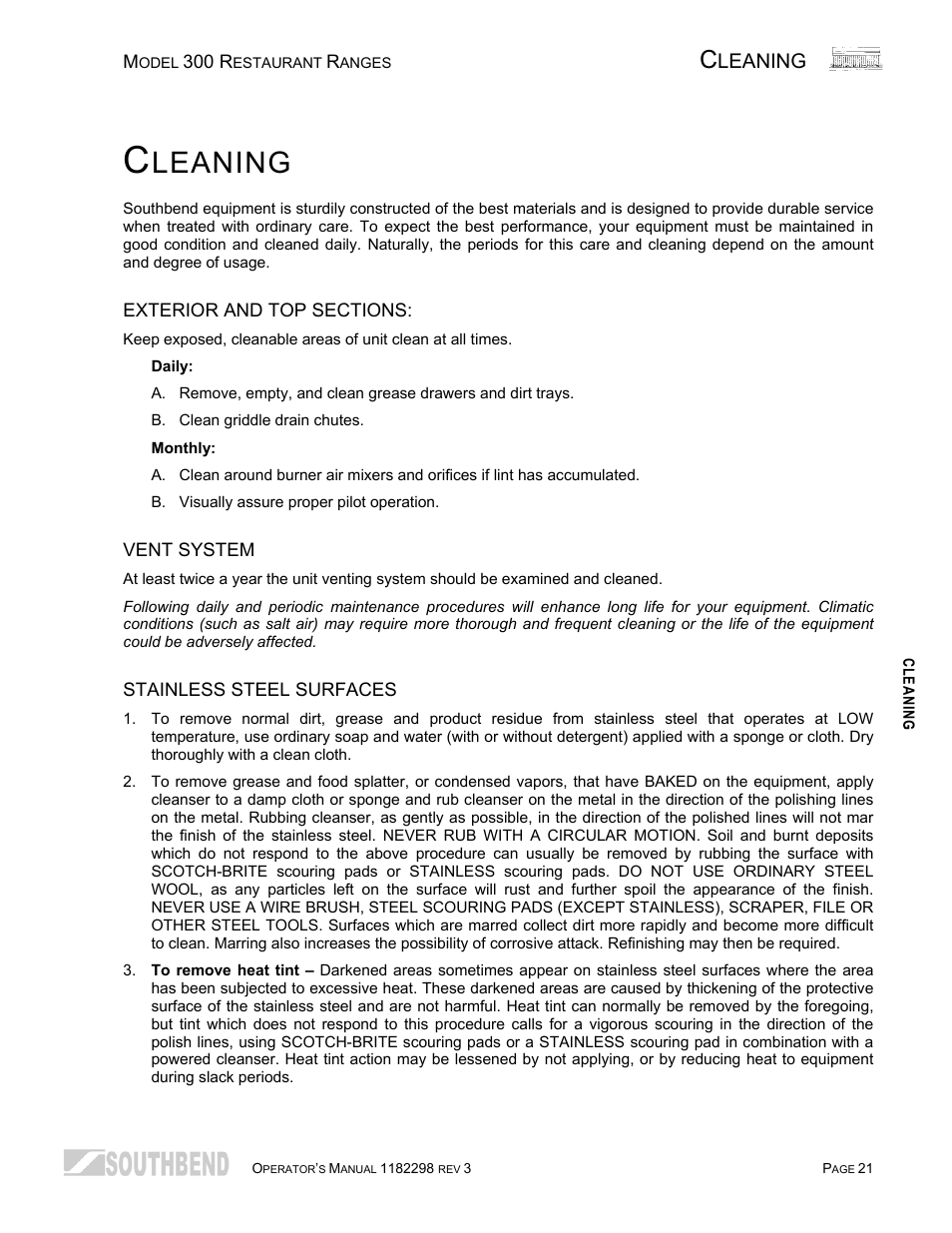 Cleaning, Exterior and top sections, Vent system | Stainless steel surfaces, Leaning | Southbend 336D-3T User Manual | Page 21 / 64