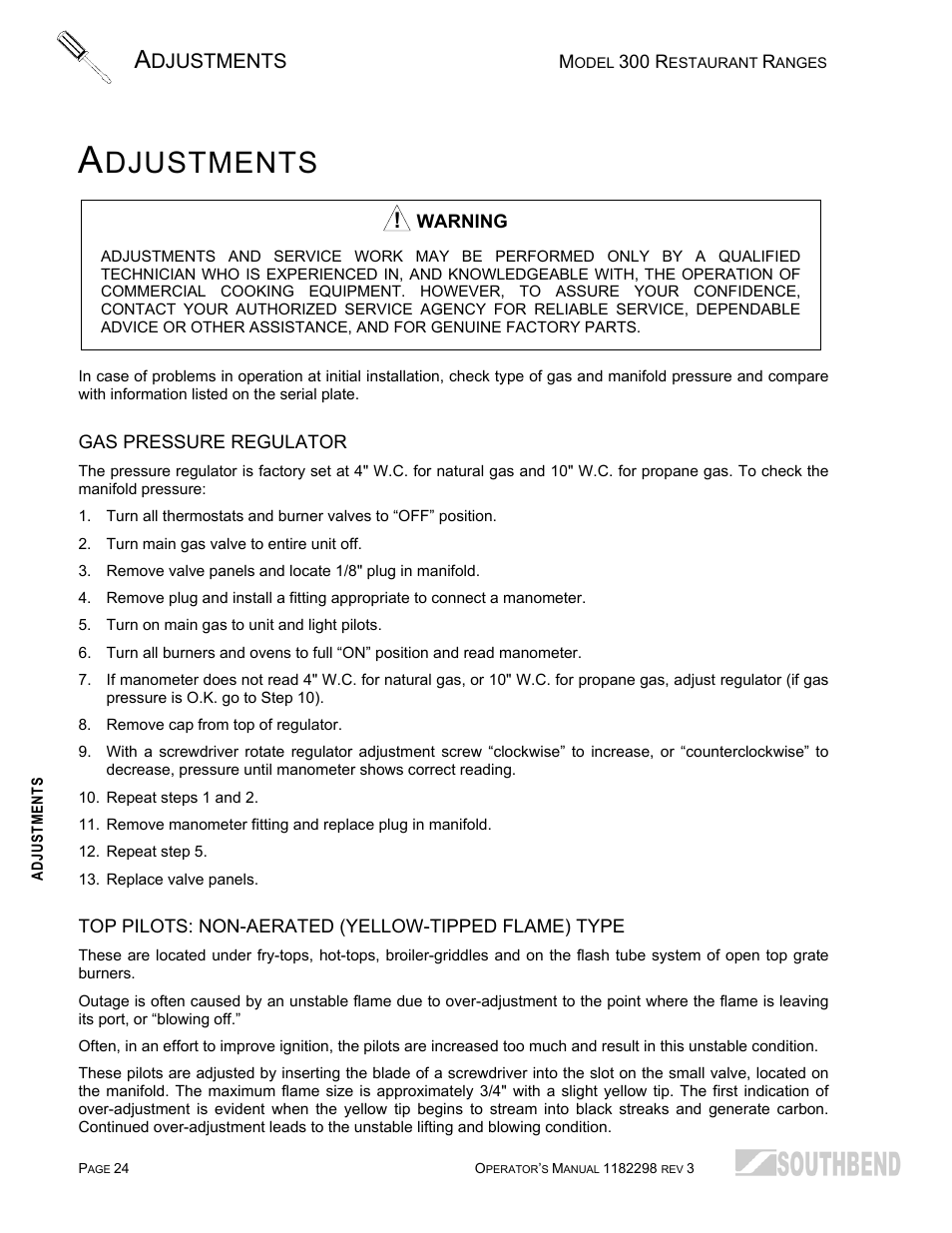 Adjustments, Gas pressure regulator, Top pilots: non-aerated (yellow-tipped flame) type | Djustments | Southbend 336D-3T User Manual | Page 24 / 64