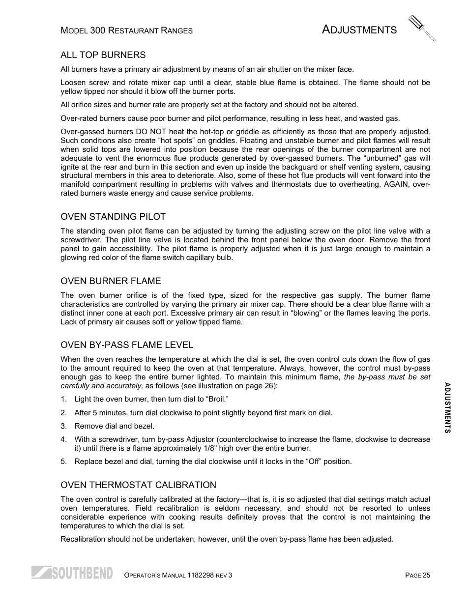 All top burners, Oven standing pilot, Oven burner flame | Oven by-pass flame level, Oven thermostat calibration, Djustments | Southbend 336D-3T User Manual | Page 25 / 64