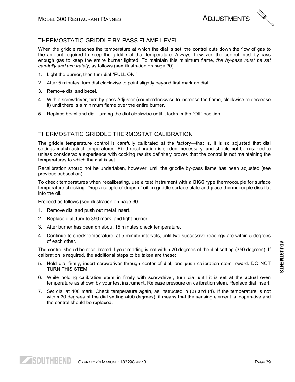 Thermostatic griddle by-pass flame level, Thermostatic griddle thermostat calibration, Djustments | Southbend 336D-3T User Manual | Page 29 / 64