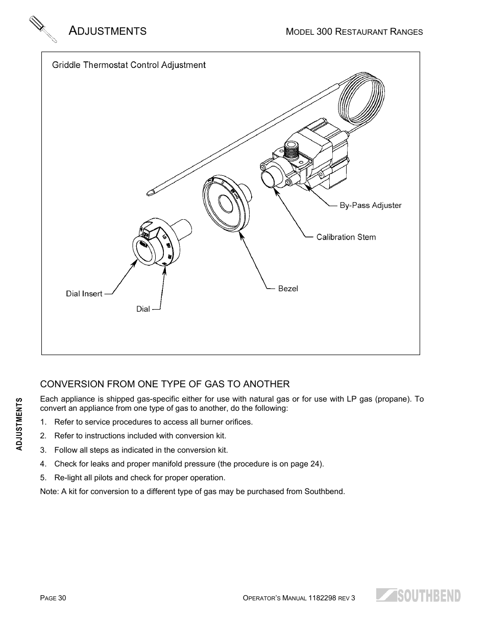 Conversion from one type of gas to another, Djustments | Southbend 336D-3T User Manual | Page 30 / 64