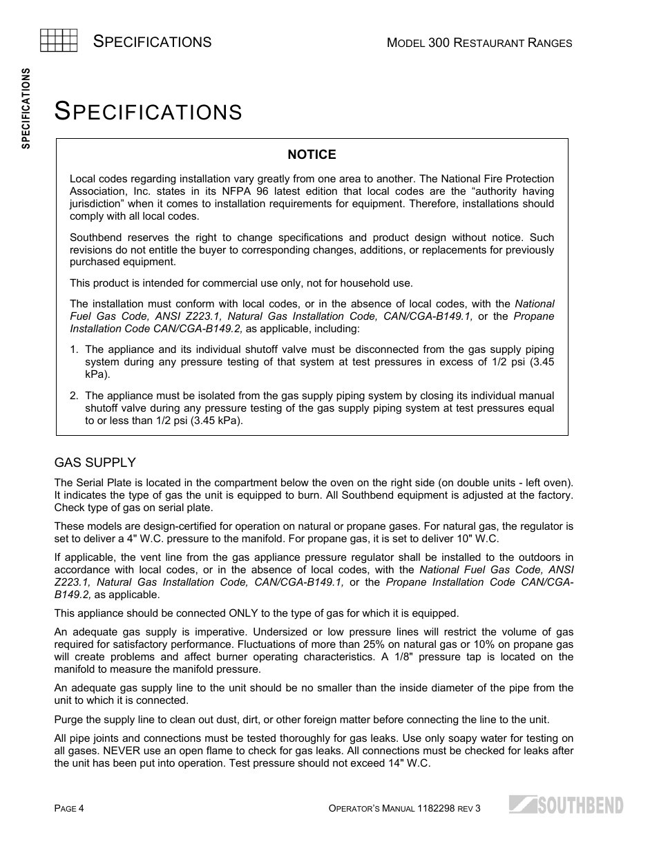 Specifications, Gas supply, Pecifications | Southbend 336D-3T User Manual | Page 4 / 64