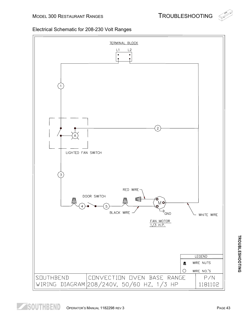Electrical schematic for 208-230 volt ranges, Roubleshooting | Southbend 336D-3T User Manual | Page 43 / 64