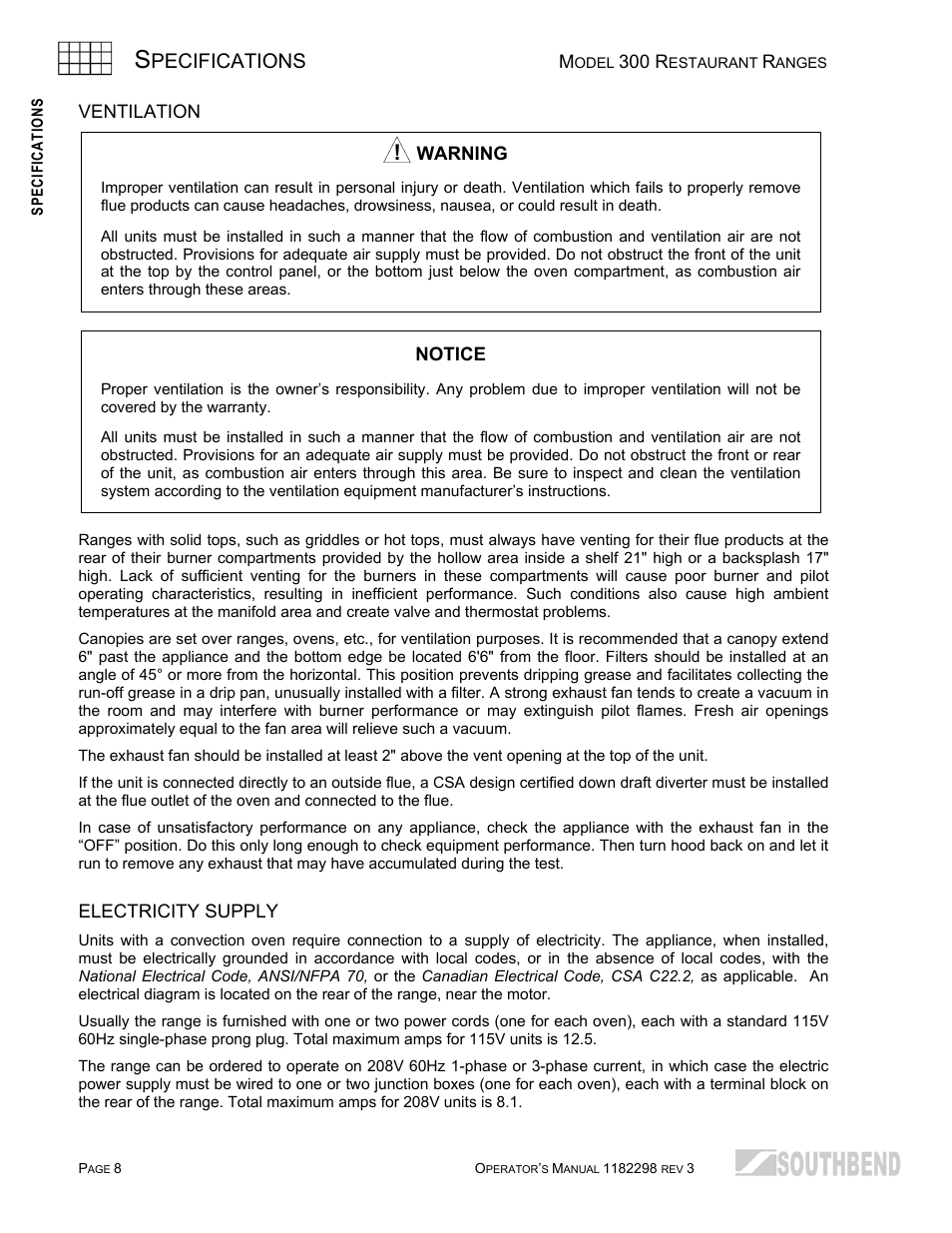 Ventilation, Electricity supply, Pecifications | Southbend 336D-3T User Manual | Page 8 / 64