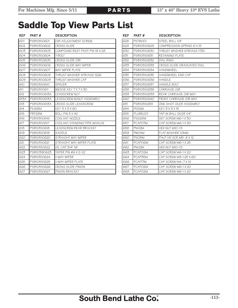 Saddle top view parts list, Evs lathe -113 | Southbend South Bend SB1051 User Manual | Page 115 / 136