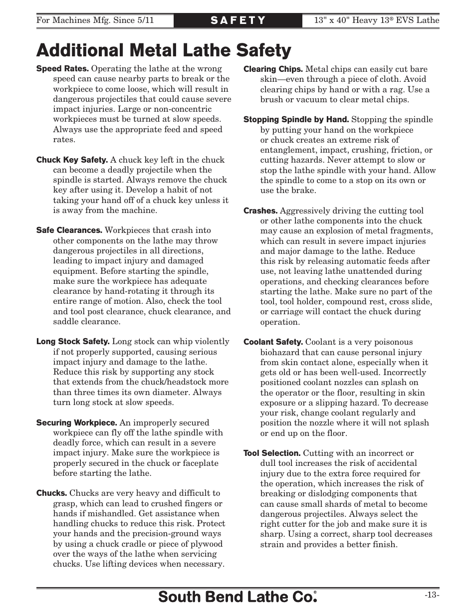 Additional metal lathe safety | Southbend South Bend SB1051 User Manual | Page 15 / 136