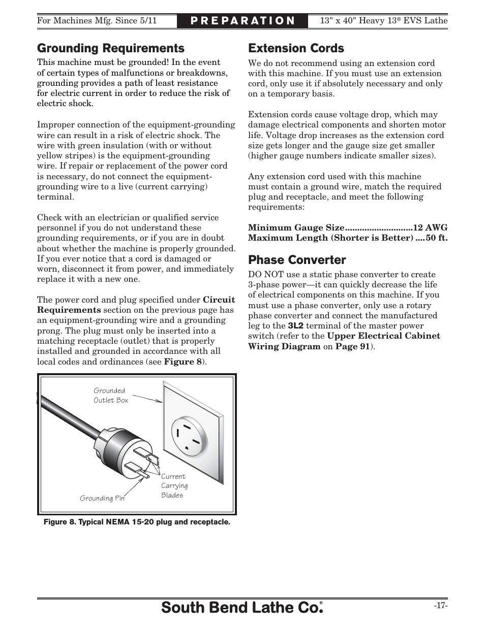 Extension cords grounding requirements, Phase converter | Southbend South Bend SB1051 User Manual | Page 19 / 136