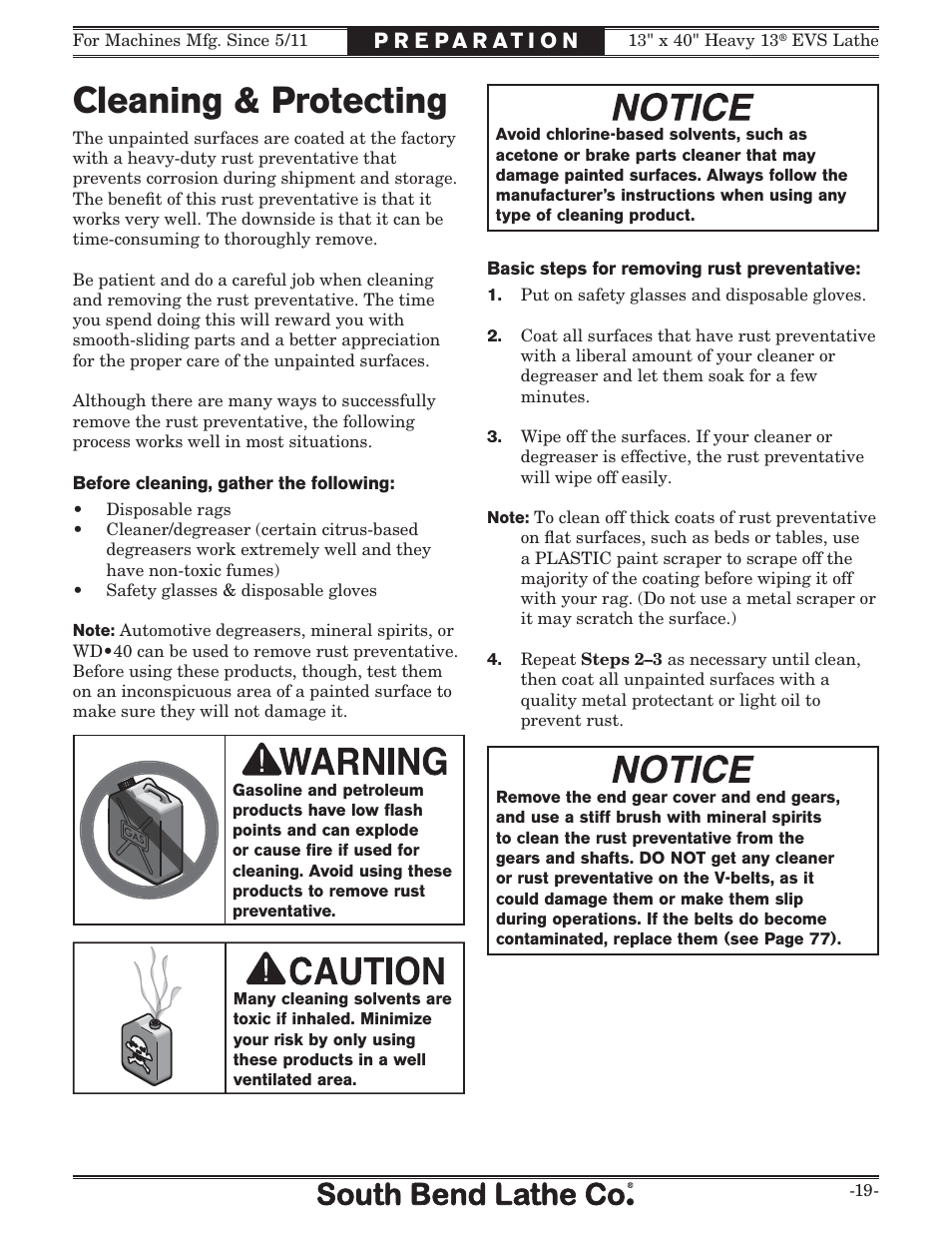 Cleaning & protecting | Southbend South Bend SB1051 User Manual | Page 21 / 136