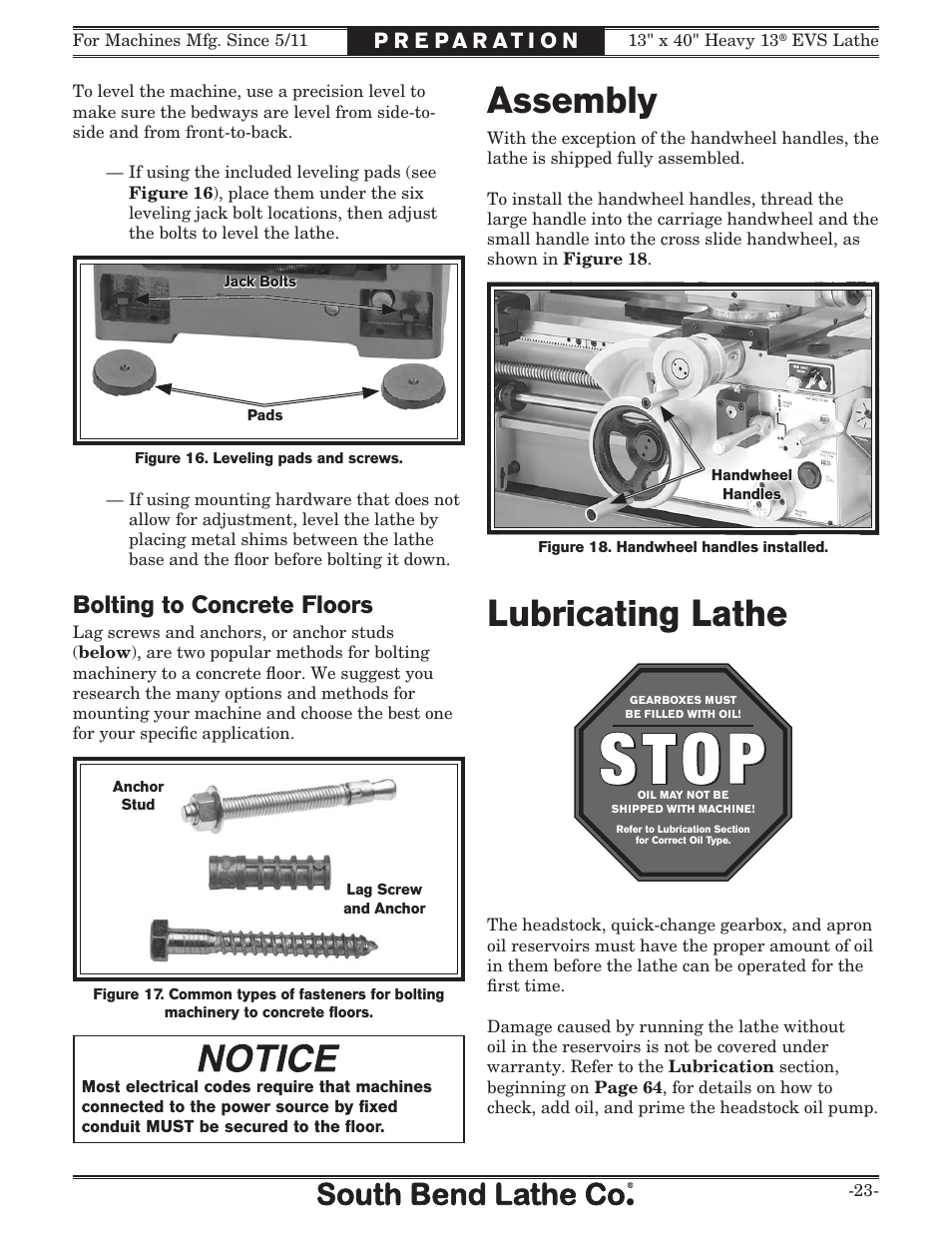 Assembly, Lubricating lathe, Bolting to concrete floors | Southbend South Bend SB1051 User Manual | Page 25 / 136