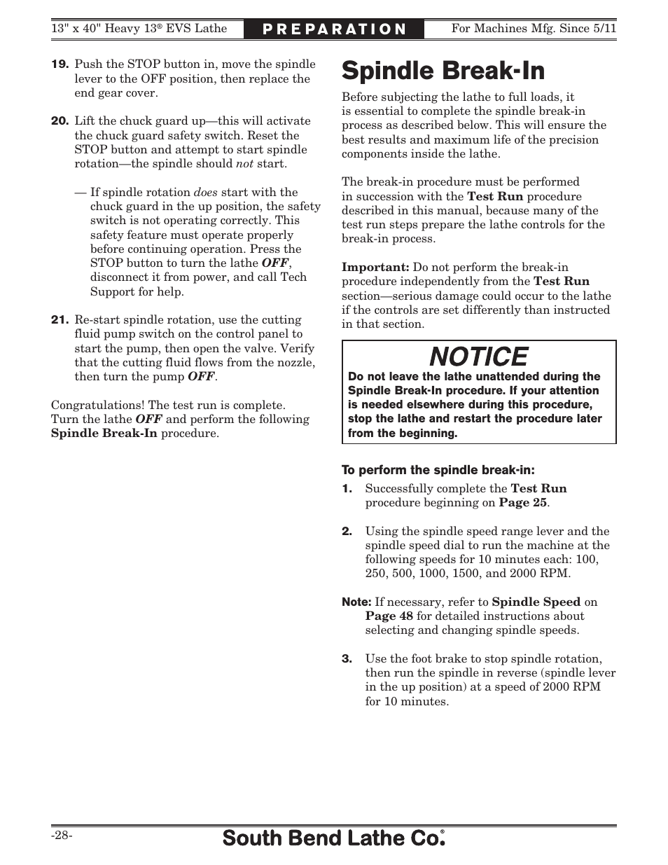 Spindle break-in | Southbend South Bend SB1051 User Manual | Page 30 / 136