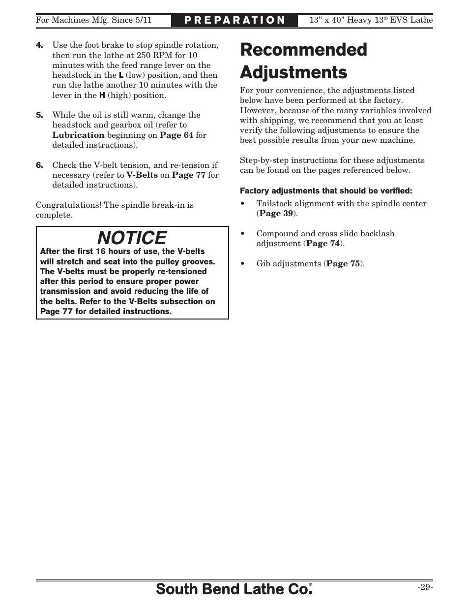 Recommended adjustments | Southbend South Bend SB1051 User Manual | Page 31 / 136