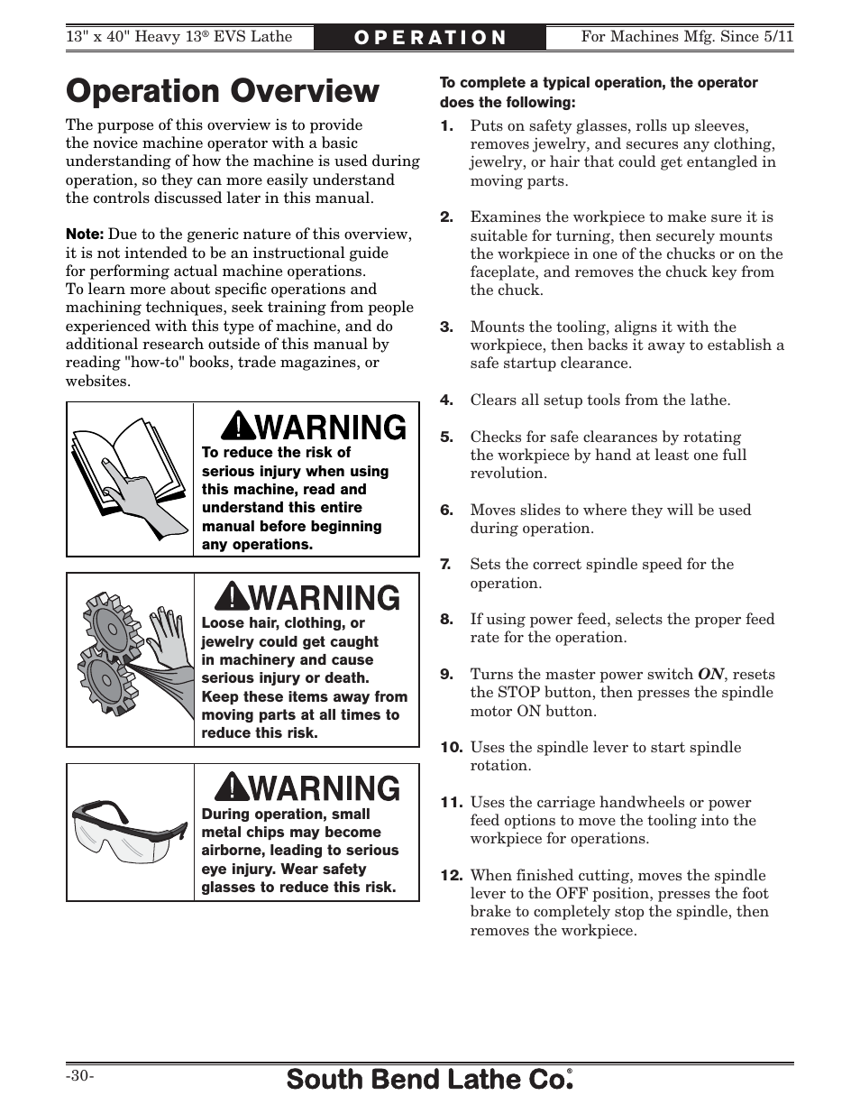 Operation overview | Southbend South Bend SB1051 User Manual | Page 32 / 136