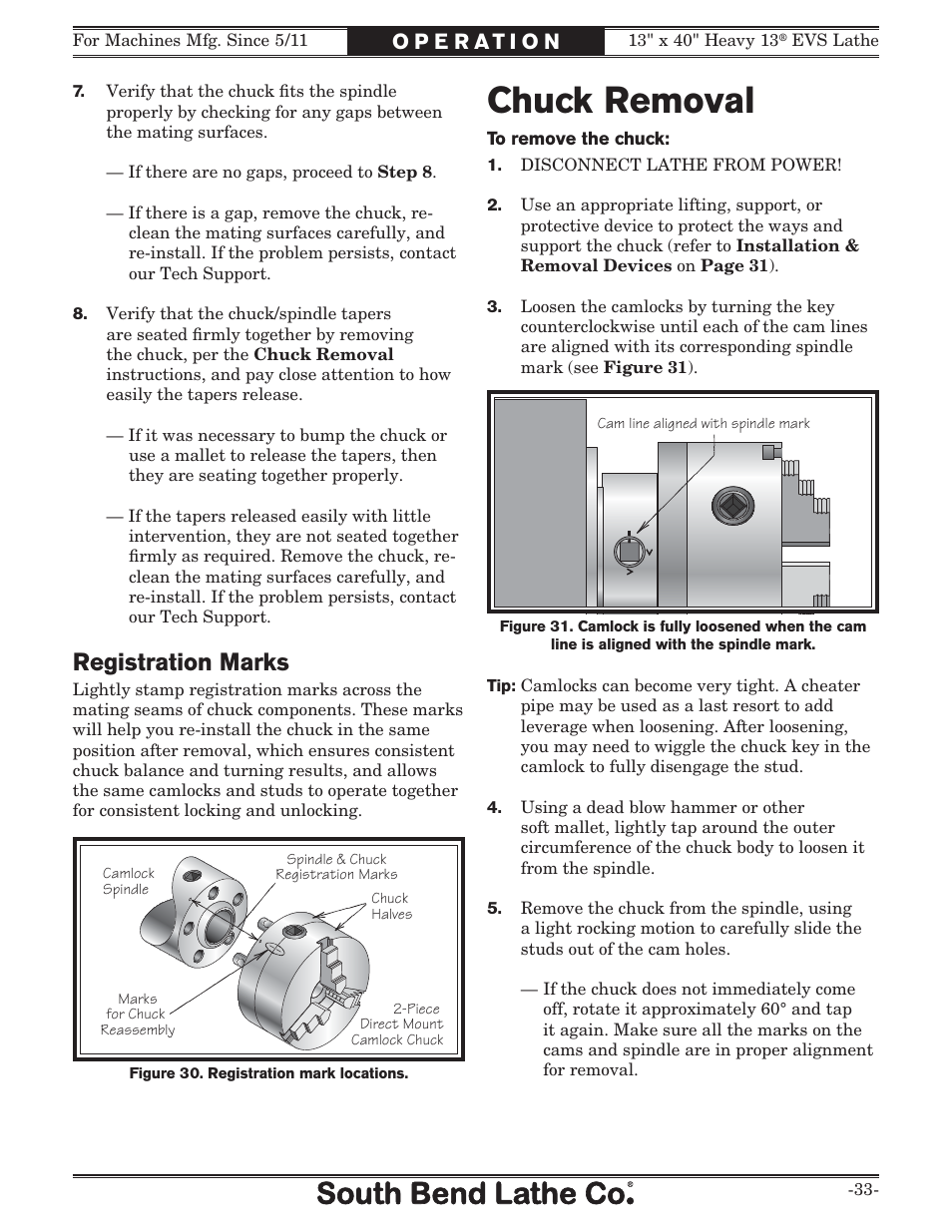 Chuck removal, Registration marks | Southbend South Bend SB1051 User Manual | Page 35 / 136