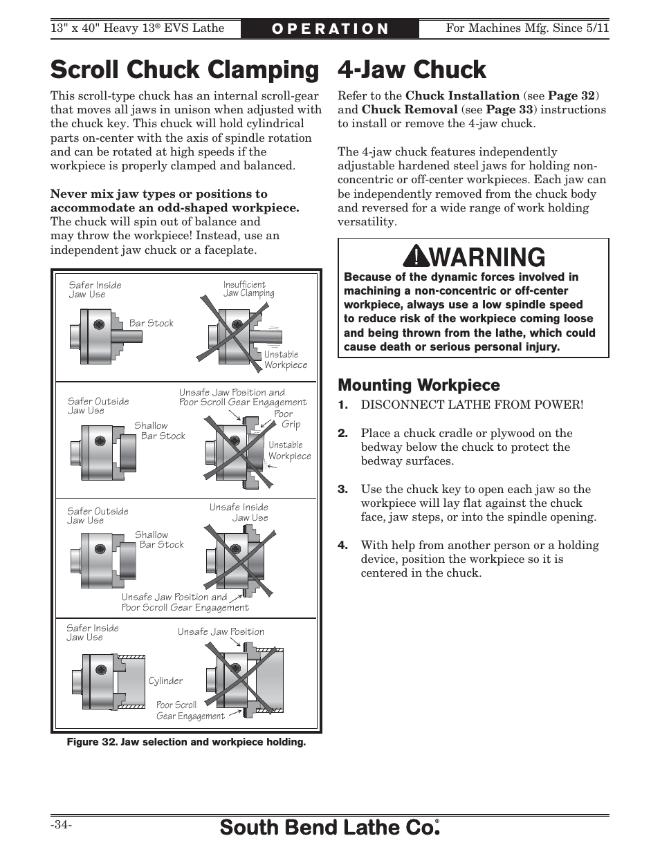 Scroll chuck clamping, Jaw chuck, Mounting workpiece | Southbend South Bend SB1051 User Manual | Page 36 / 136