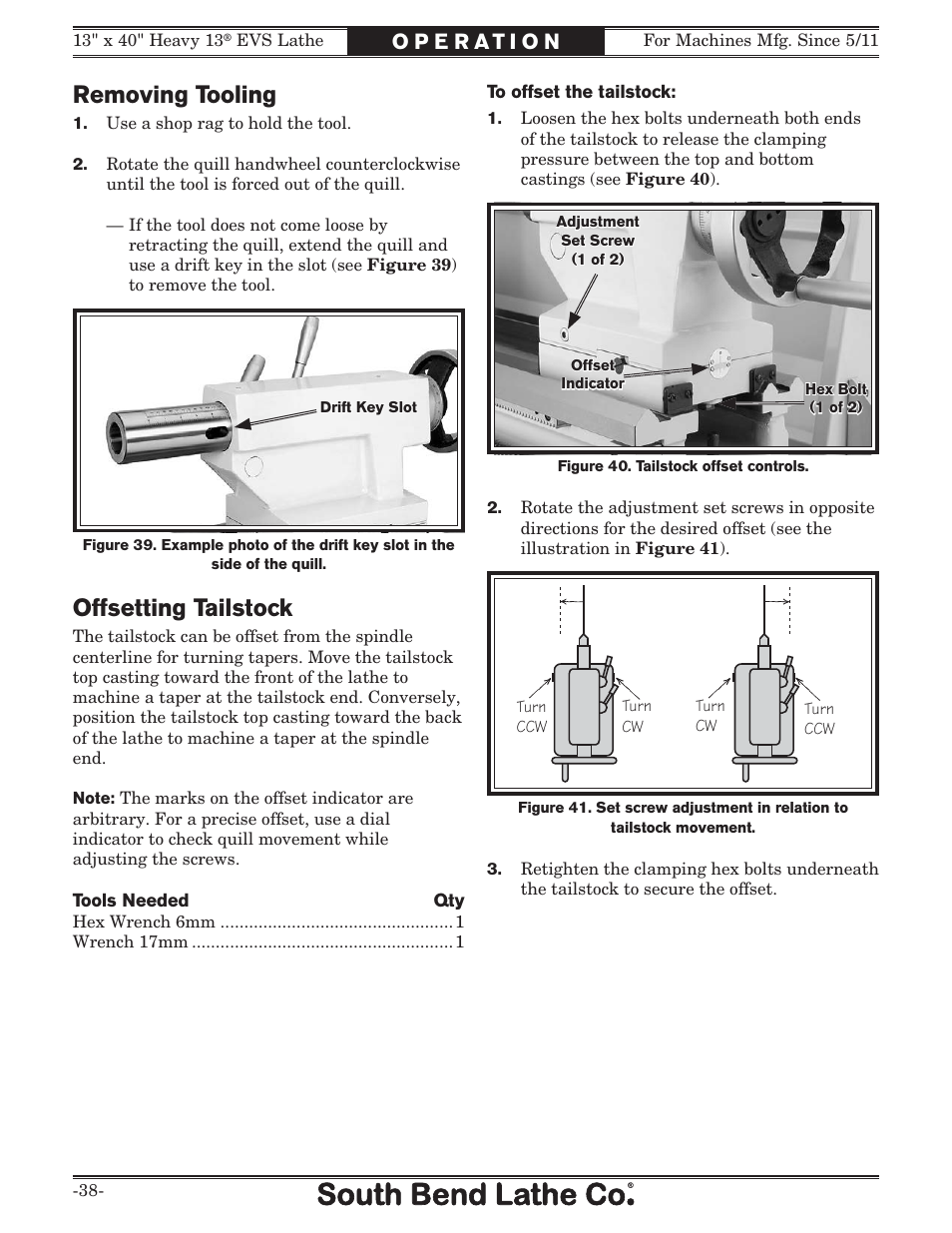 Removing tooling, Offsetting tailstock | Southbend South Bend SB1051 User Manual | Page 40 / 136