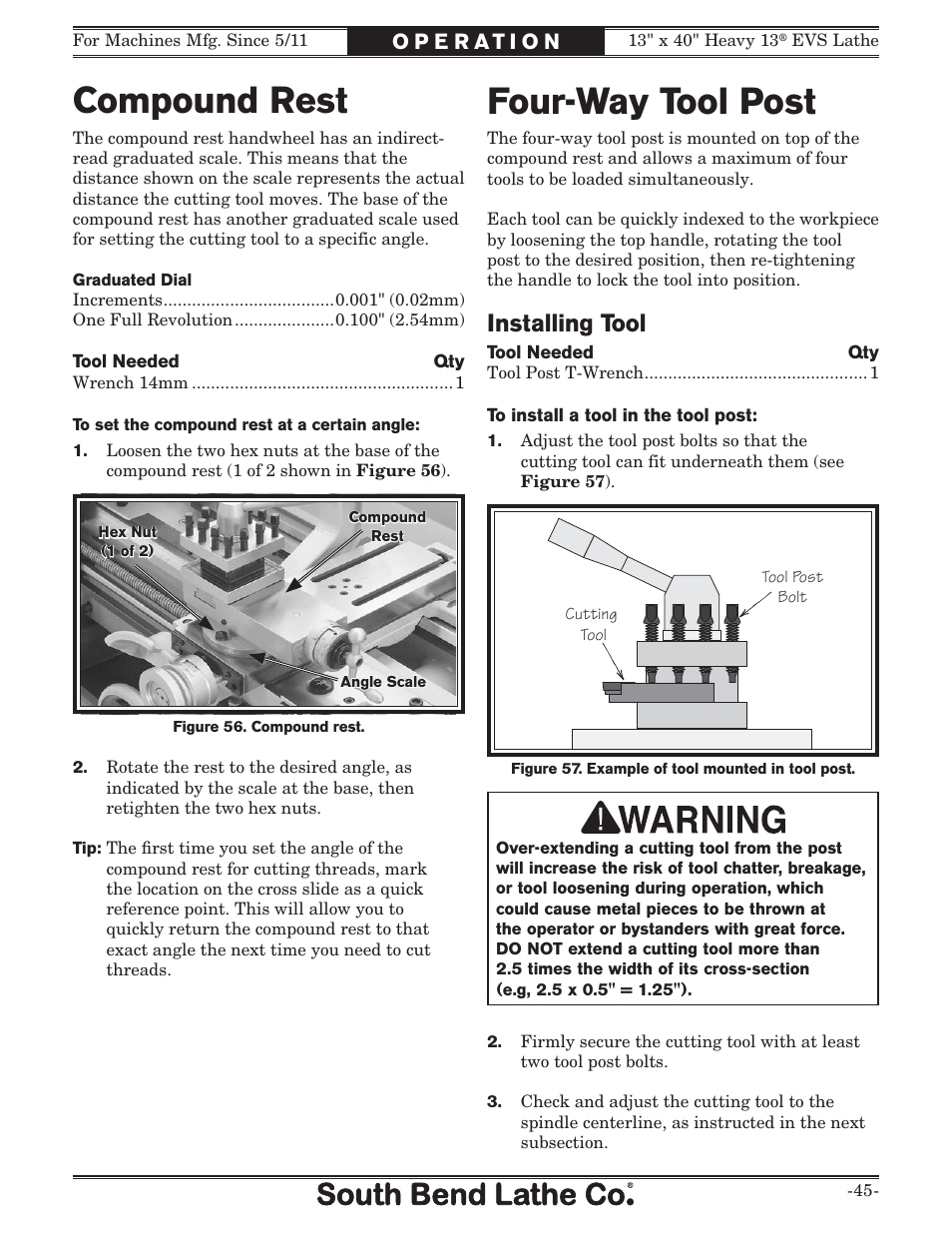 Four-way tool post, Compound rest, Installing tool | Southbend South Bend SB1051 User Manual | Page 47 / 136