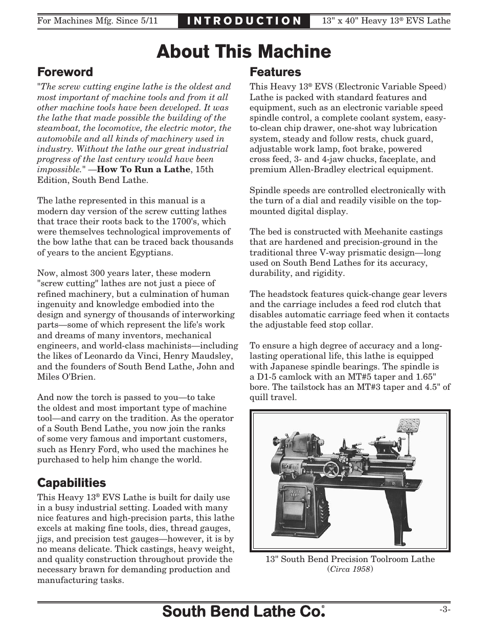 About this machine, Foreword, Capabilities | Features | Southbend South Bend SB1051 User Manual | Page 5 / 136