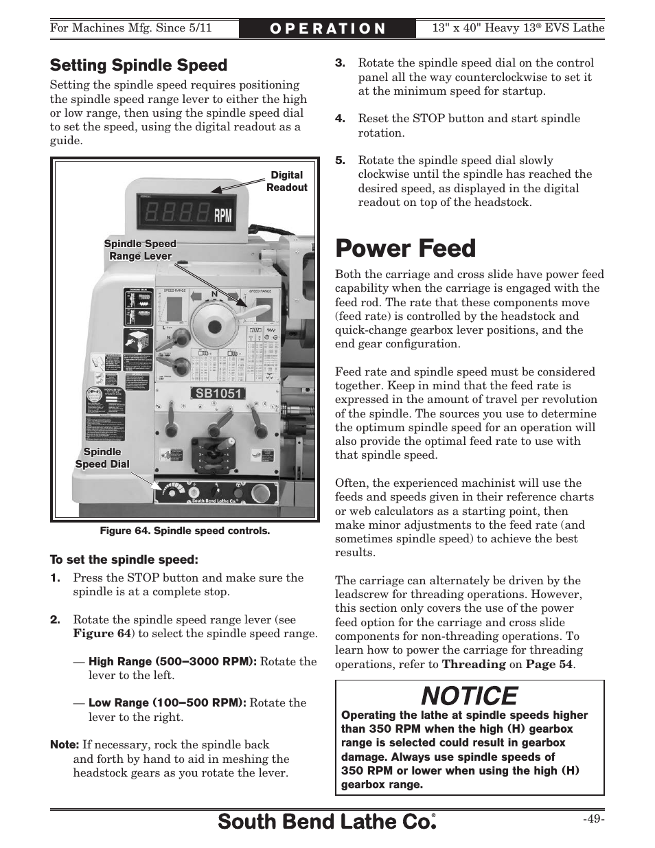 Power feed, Setting spindle speed | Southbend South Bend SB1051 User Manual | Page 51 / 136