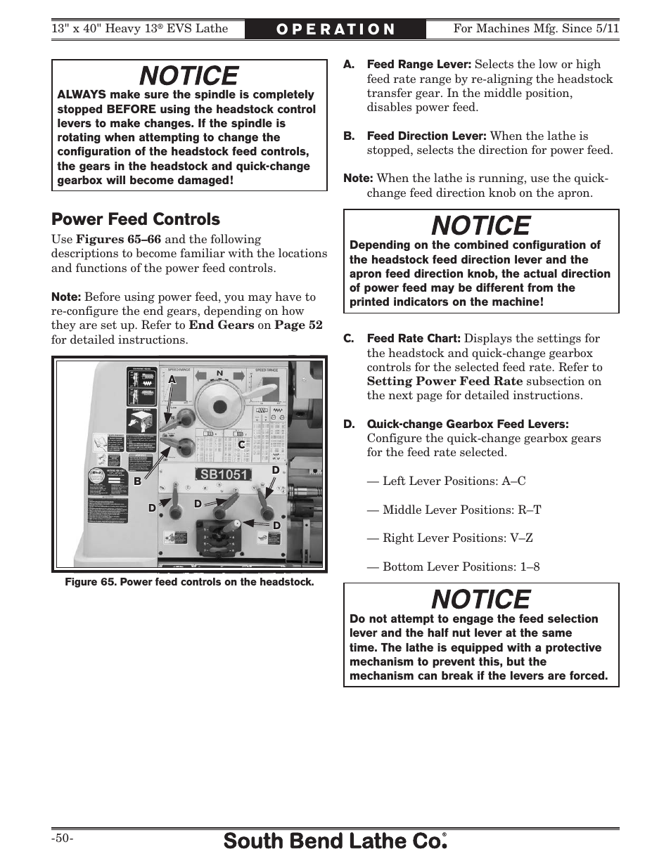 Power feed controls | Southbend South Bend SB1051 User Manual | Page 52 / 136