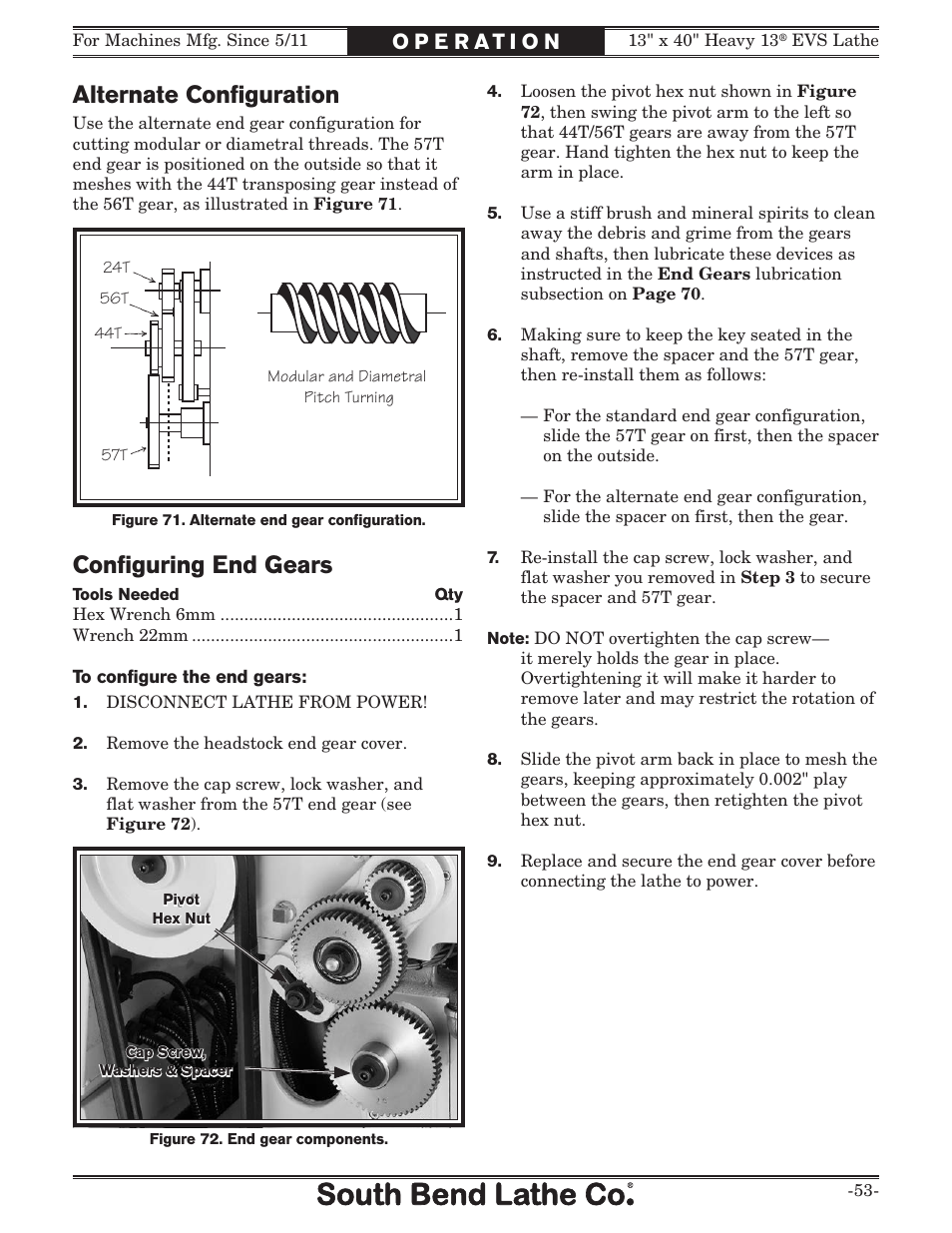 Alternate conﬁguration, Conﬁguring end gears | Southbend South Bend SB1051 User Manual | Page 55 / 136