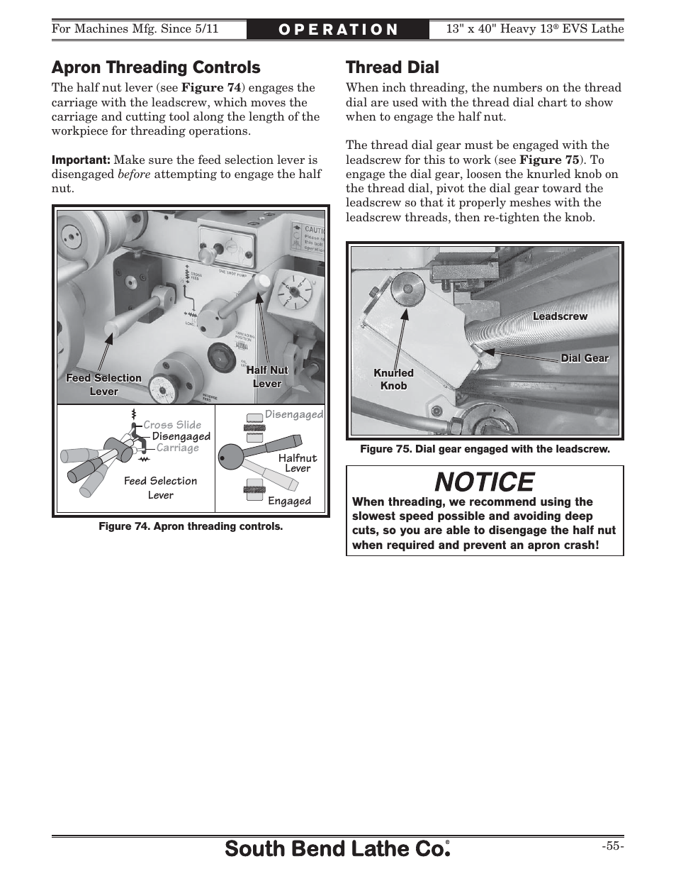 Apron threading controls, Thread dial | Southbend South Bend SB1051 User Manual | Page 57 / 136