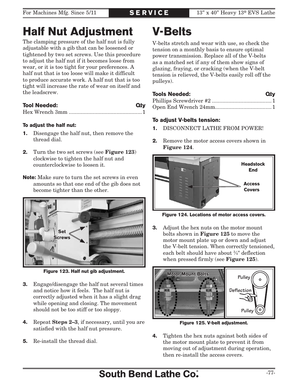 Half nut adjustment, V-belts | Southbend South Bend SB1051 User Manual | Page 79 / 136