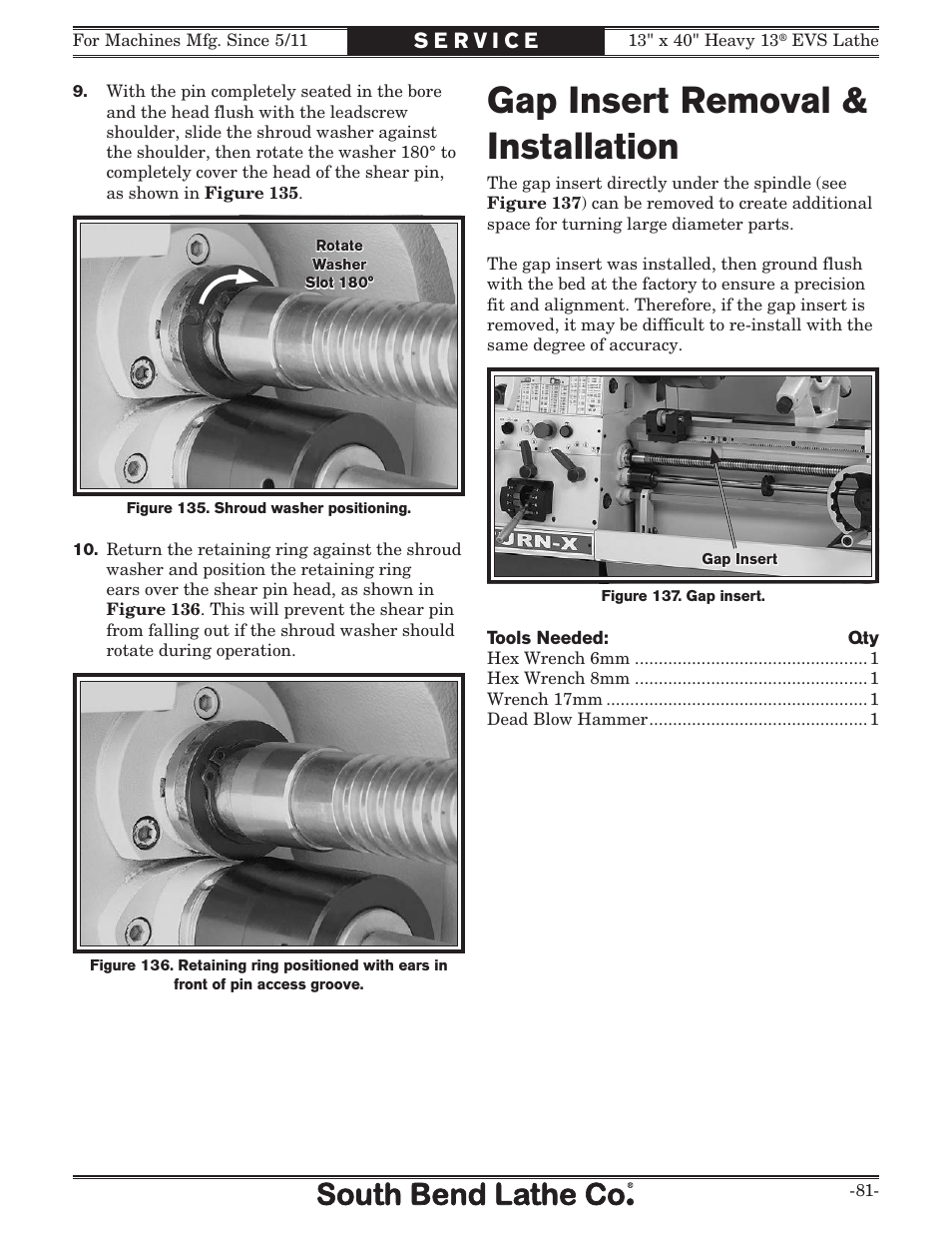 Gap insert removal & installation | Southbend South Bend SB1051 User Manual | Page 83 / 136