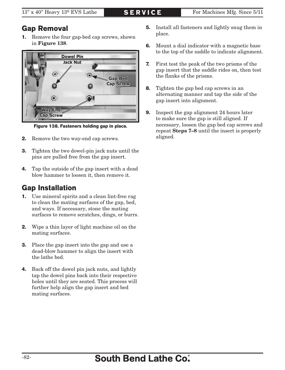 Gap removal, Gap installation | Southbend South Bend SB1051 User Manual | Page 84 / 136