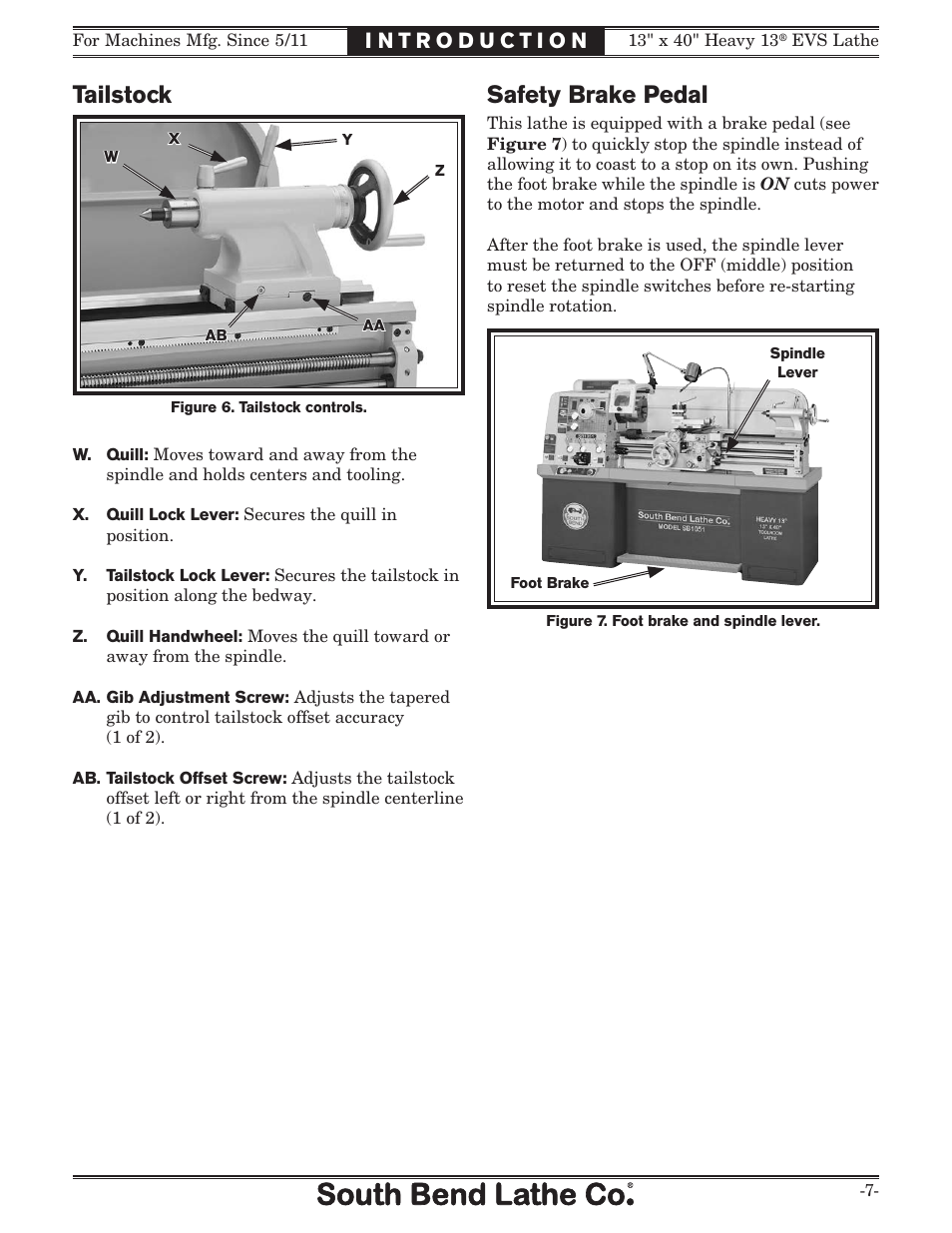 Tailstock, Safety brake pedal | Southbend South Bend SB1051 User Manual | Page 9 / 136