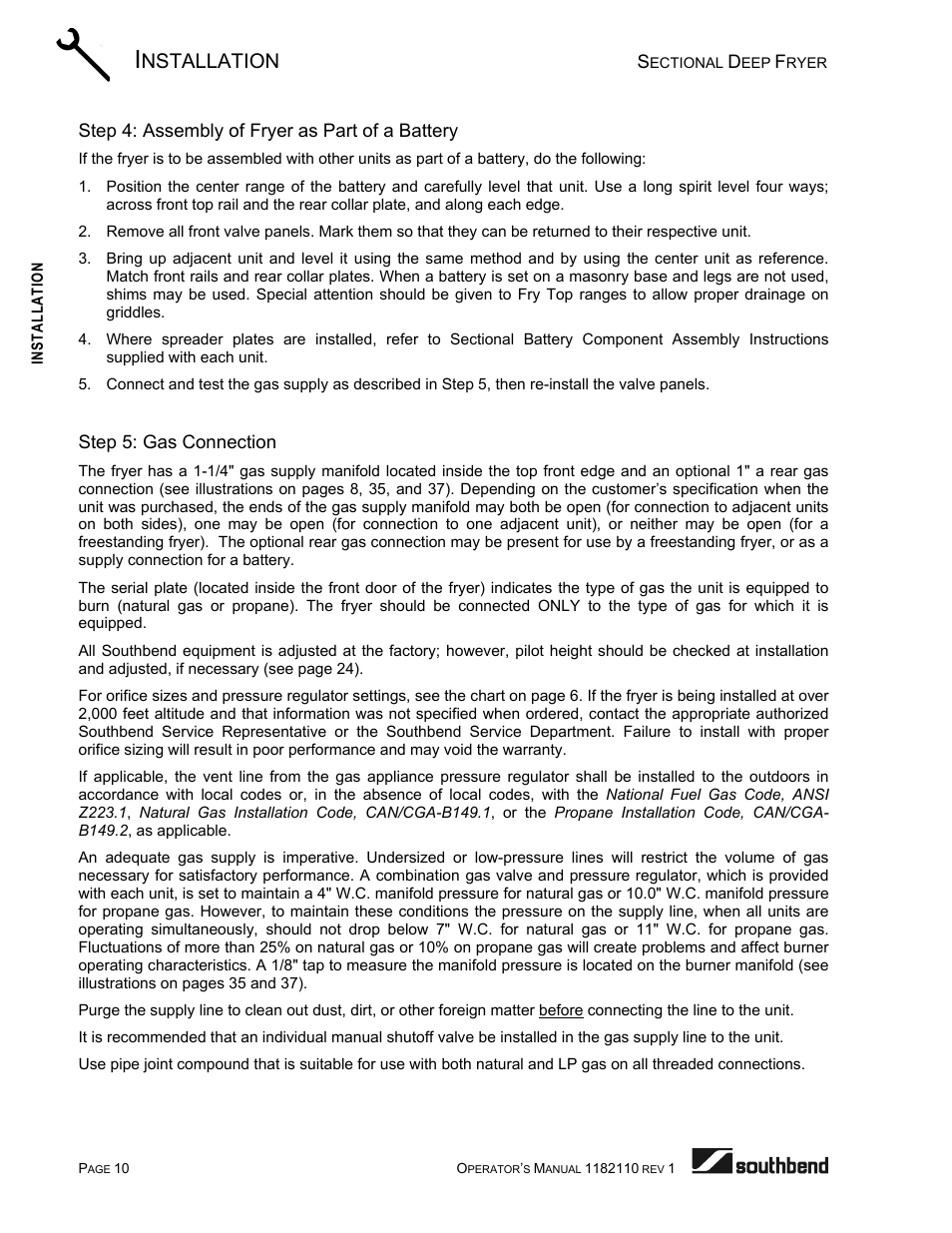 Step 4: assembly of fryer as part of a battery, Step 5: gas connection, Nstallation | Southbend P20-FR65 User Manual | Page 10 / 40