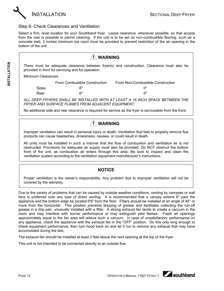 Step 6: check clearances and ventilation, Nstallation | Southbend P20-FR65 User Manual | Page 12 / 40